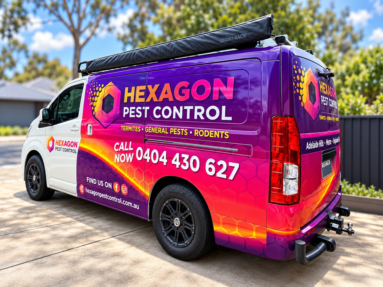 Ruben’s Hexagon Pest Control branded van photographed side-on in Adelaide